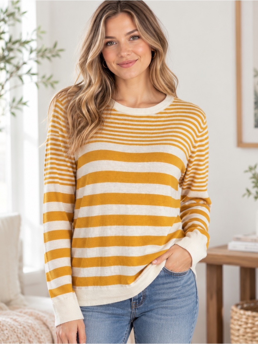 Market & Spruce Yellow Cream Striped Lightweight Button Back Sweater Women’s M